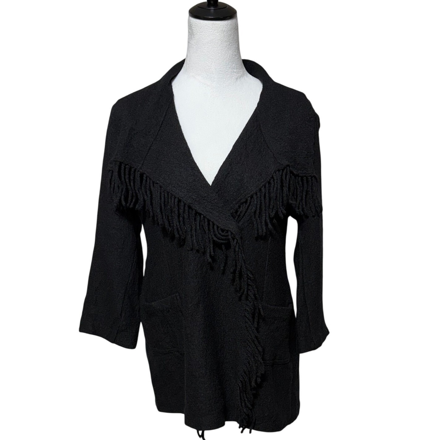 Chicos Jacket Blazer Womens Medium 1 Black 3/4 Sleeve Textured Fringe Western — image 2 of 8